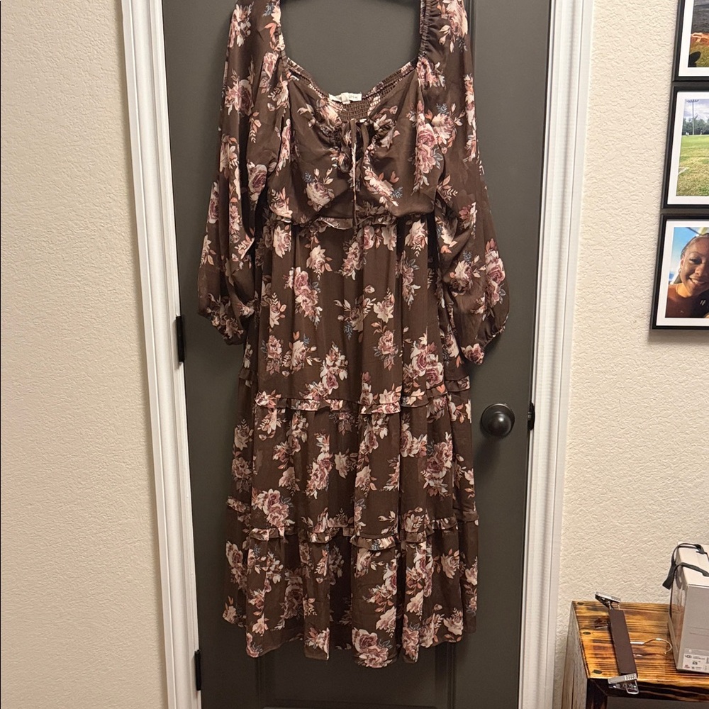 Rewind Brown Floral Long Sleeve Dress